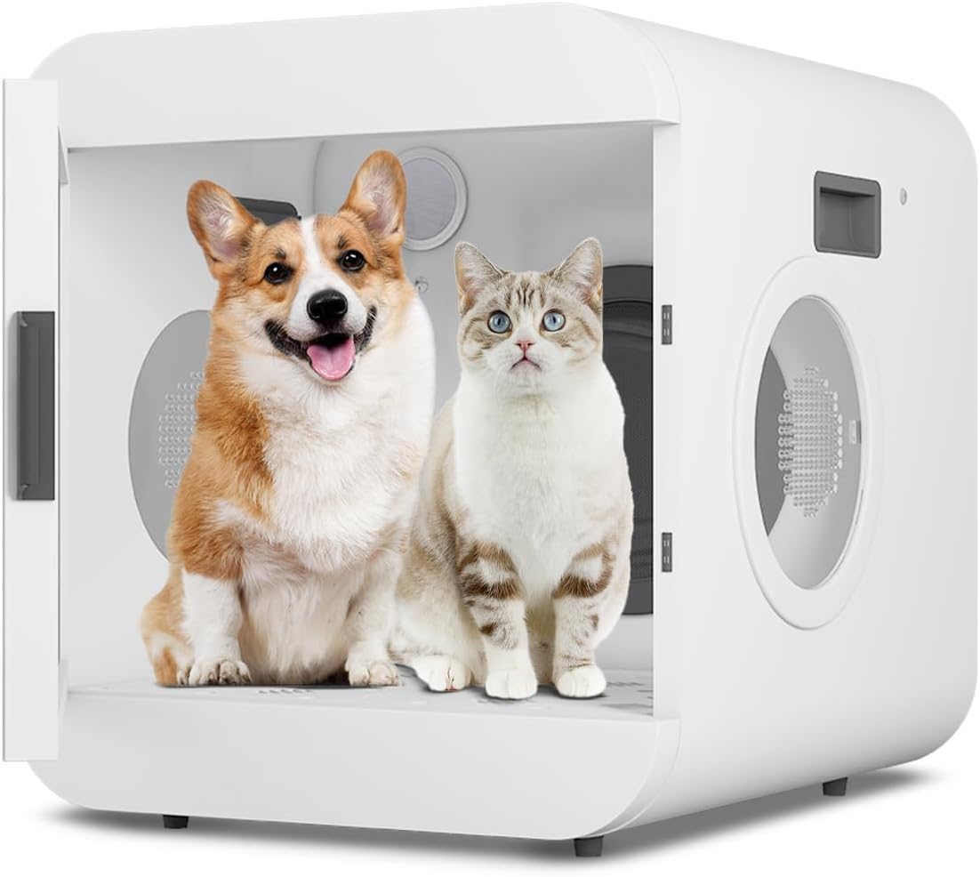 Automatic Pet Dryer Box for Cats and Puppy, 65L Ultra Quiet Dog Hair Dryer Smart Time/Wind Speed Control Cat Dryer, 360 Drying,White